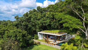A modern house with a glass facade, a swimming pool, and lush greenery surrounding it. - Haritha Villas & Spa (Hikkaduwa)