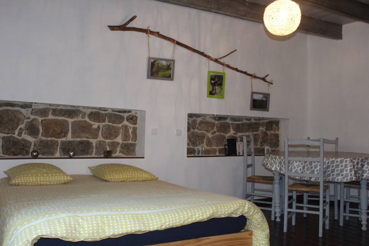 Ein Schlafzimmer mit einem Bett, zwei Kissen, einer Steinwand, einem hölzernen Kopfteil, einem Tisch mit Stühlen und einem herunterhängenden Ast mit Bildern.
