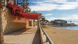Un paseo marítimo con muro de piedra, palmeras y una playa.