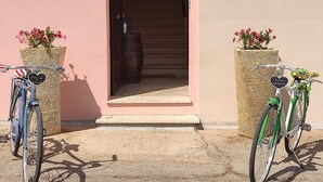 Entrada de un edificio con una escalera de madera que conduce al interior, dos bicicletas estacionadas afuera y dos grandes macetas tejidas con flores.