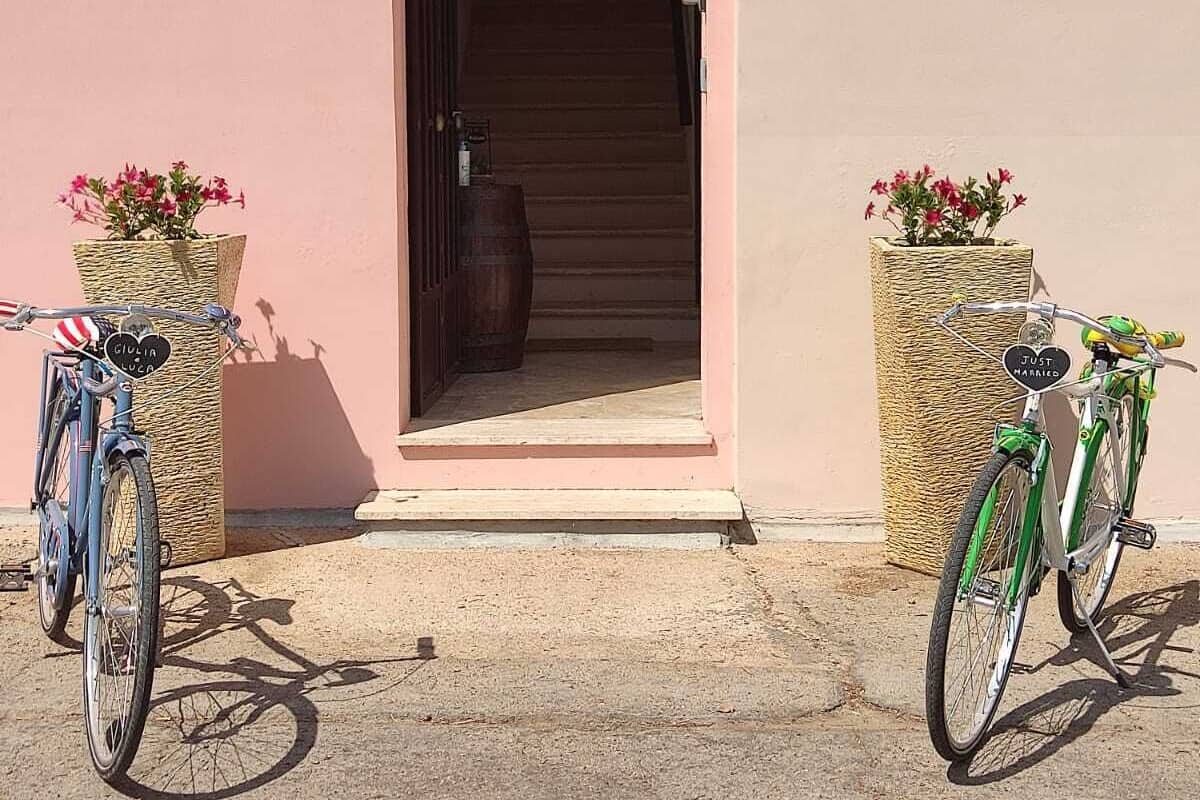 A building entrance with a wooden staircase leading inside, two bicycles parked outside, and two large woven planters with flowers.