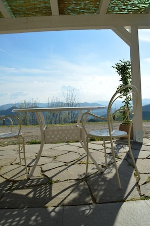 A covered outdoor seating area with a table and chairs, a potted plant, and a view of distant mountains. - Il Pavone Errante (Mercato Saraceno)