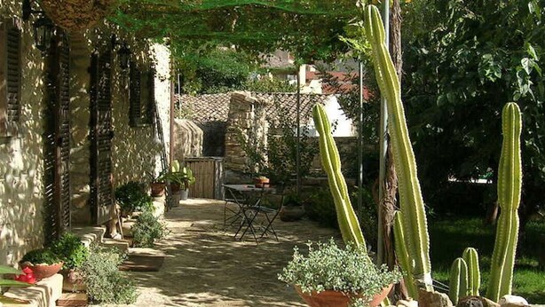 A courtyard with potted plants, a table, and chairs, surrounded by cacti and a stone building. - Sa Domu De Sa Contissa (Selegas)