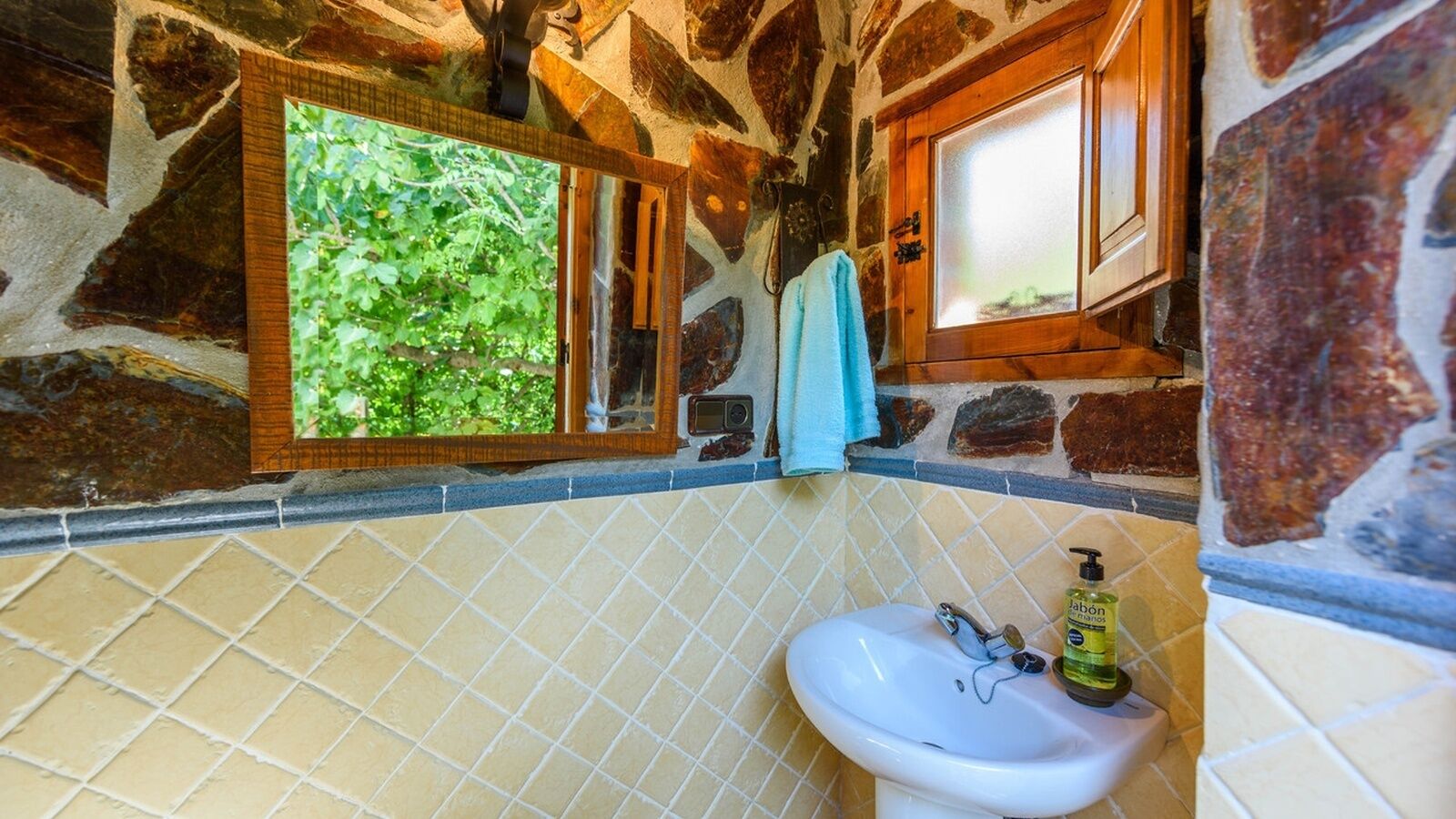 Une salle de bain avec un mur en pierre, une fenêtre donnant sur la verdure, un lavabo avec un distributeur de savon et une serviette accrochée au mur.