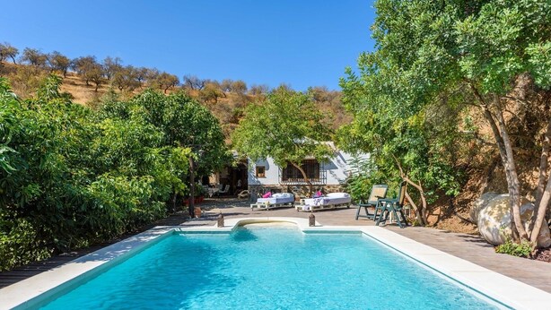 Piscina com espreguiçadeiras, cercada por vegetação exuberante e uma encosta ao fundo.