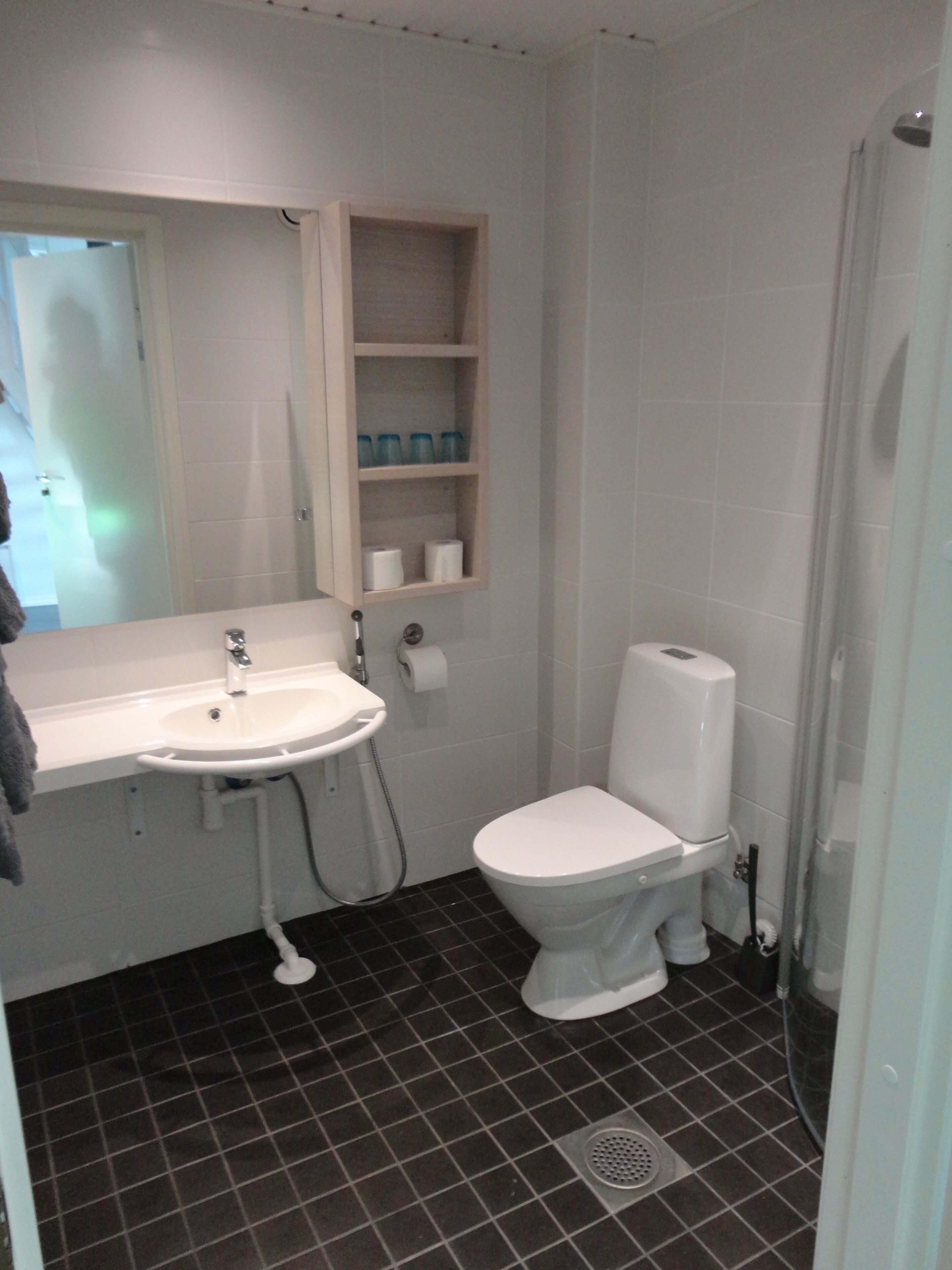 Ein Badezimmer mit weißem Waschbecken, Toilette und Ablage für Toilettenartikel.