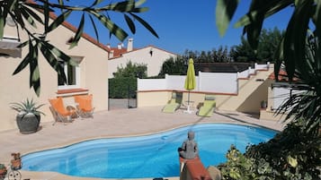 Seasonal outdoor pool, pool umbrellas, pool loungers