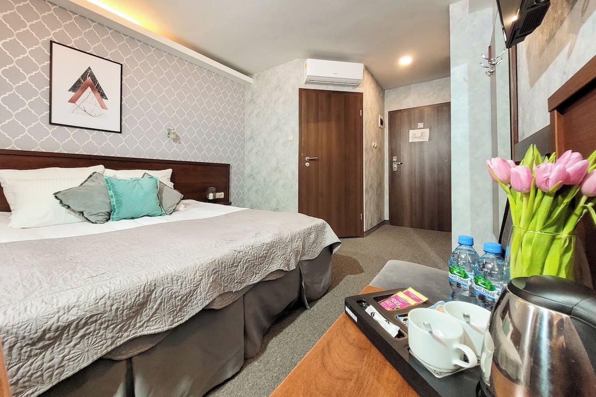 Habitación empresarial doble | Escritorio, tabla de planchar con plancha, wifi gratis y ropa de cama