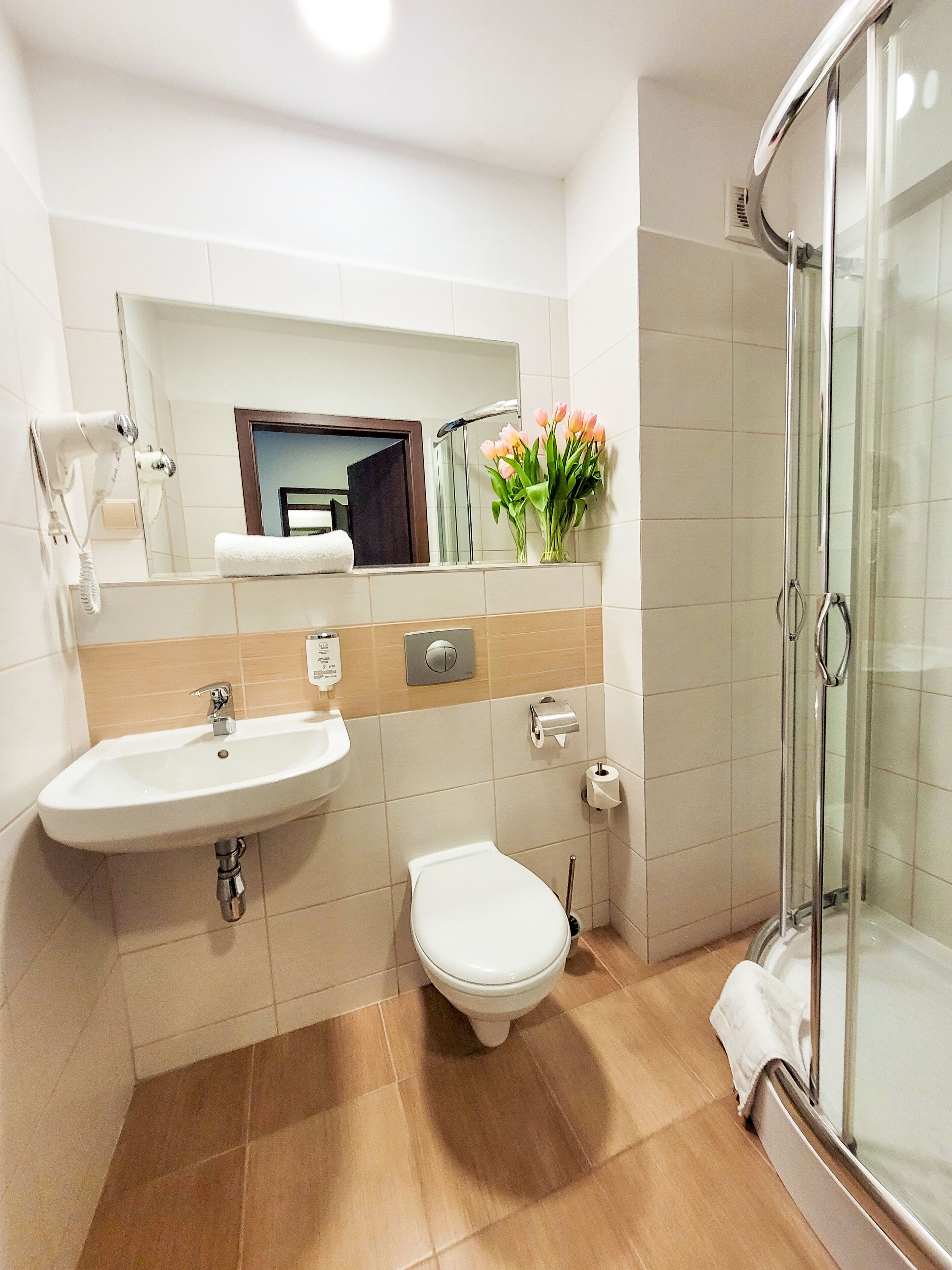 free toiletries, hair dryer, towels