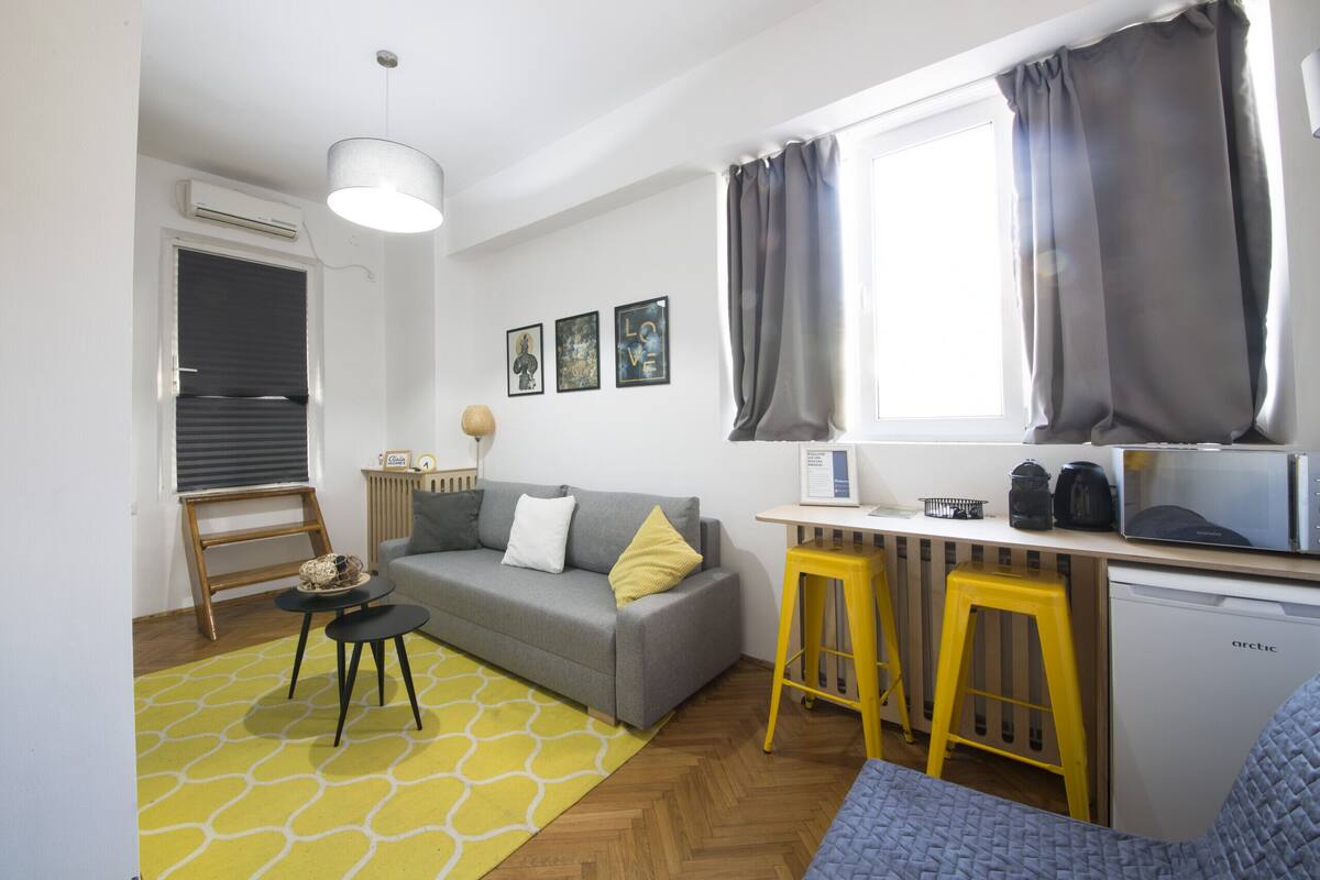 A compact living space with a sofa, a small dining table, a kitchenette, and a radiator.