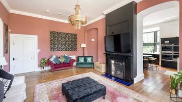 TV, fireplace, DVD player, smart speakers