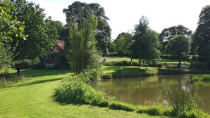 En fredfyldt park med et spejlende vandhul, frodig vegetation og en velplejet græsplæne.