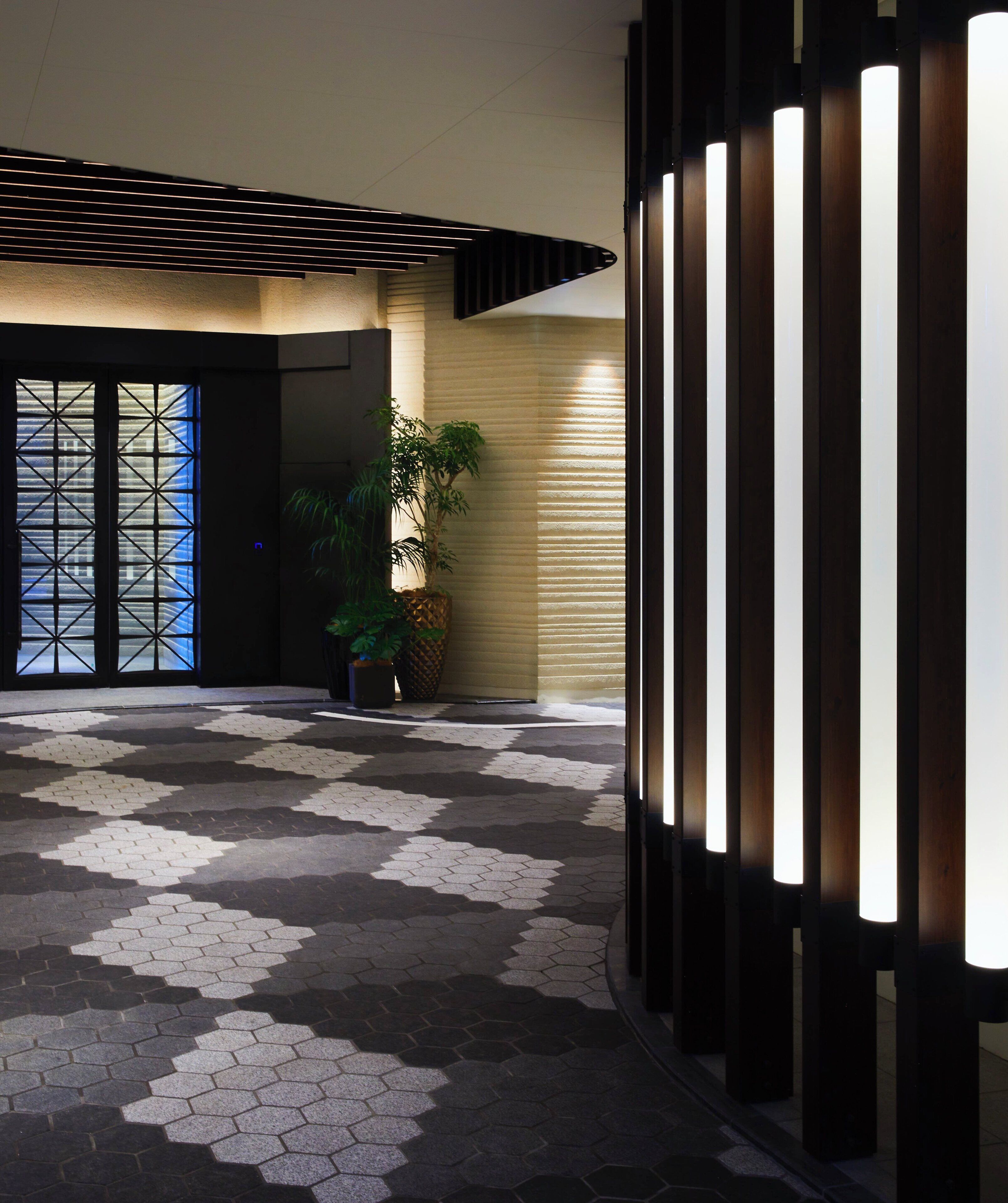 Un hall d’entrée spacieux, doté d’un sol à motifs, d’une grande plante en pot et d’une entrée moderne avec une porte en verre.