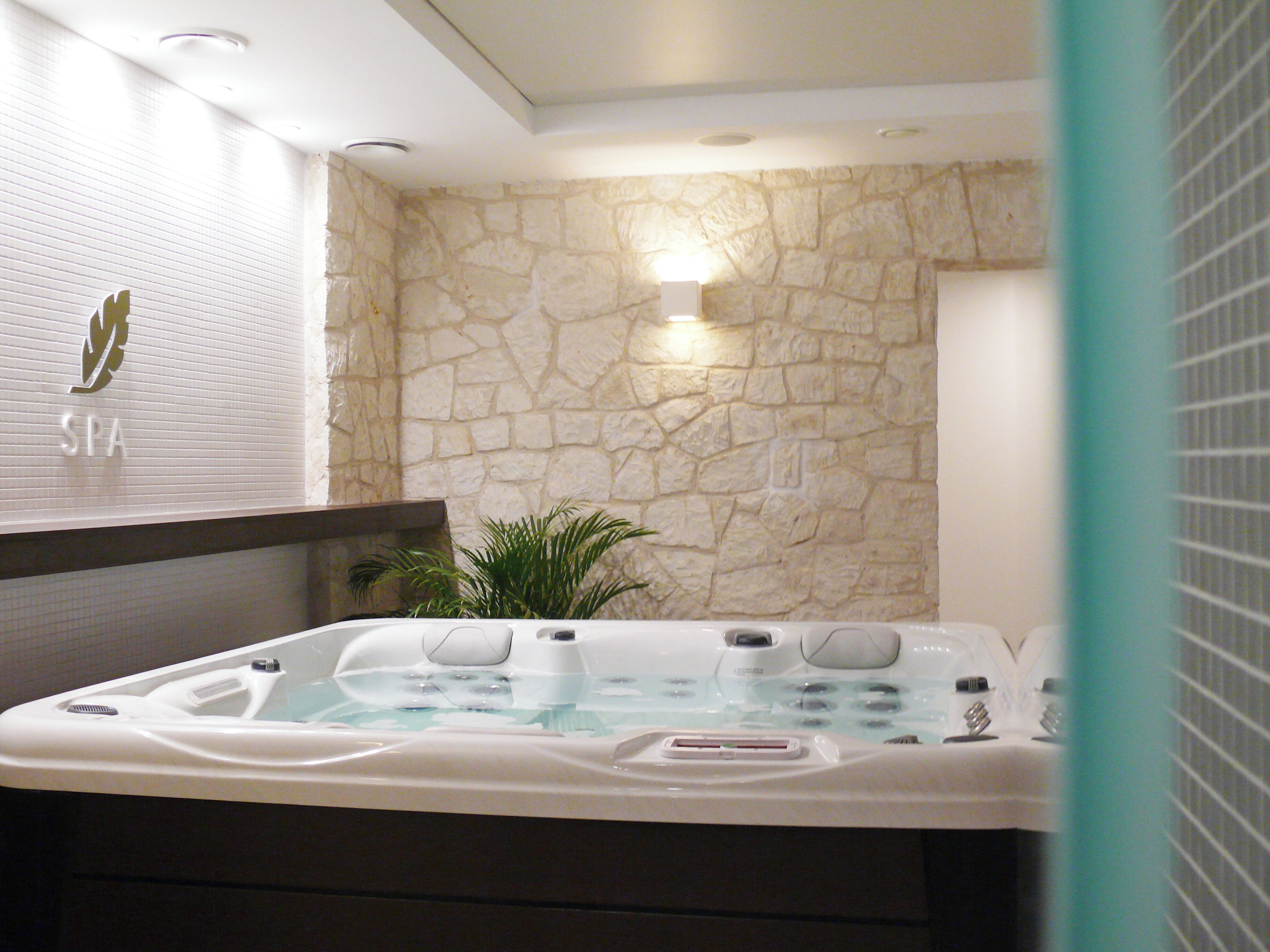 A spa room with a stone wall, a hot tub, and a plant.