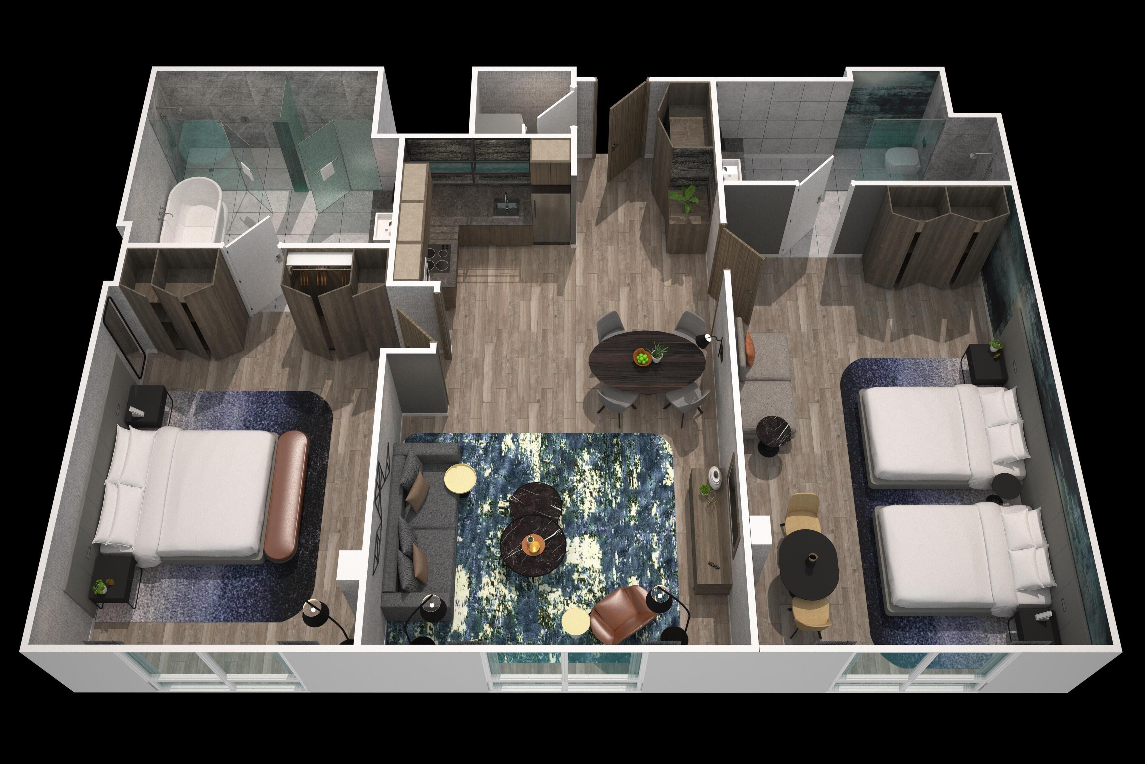 Ein 3D-Grundriss eines Hotelzimmers mit Bett, Sitzecke, Küchenzeile und kleinem Badezimmer.