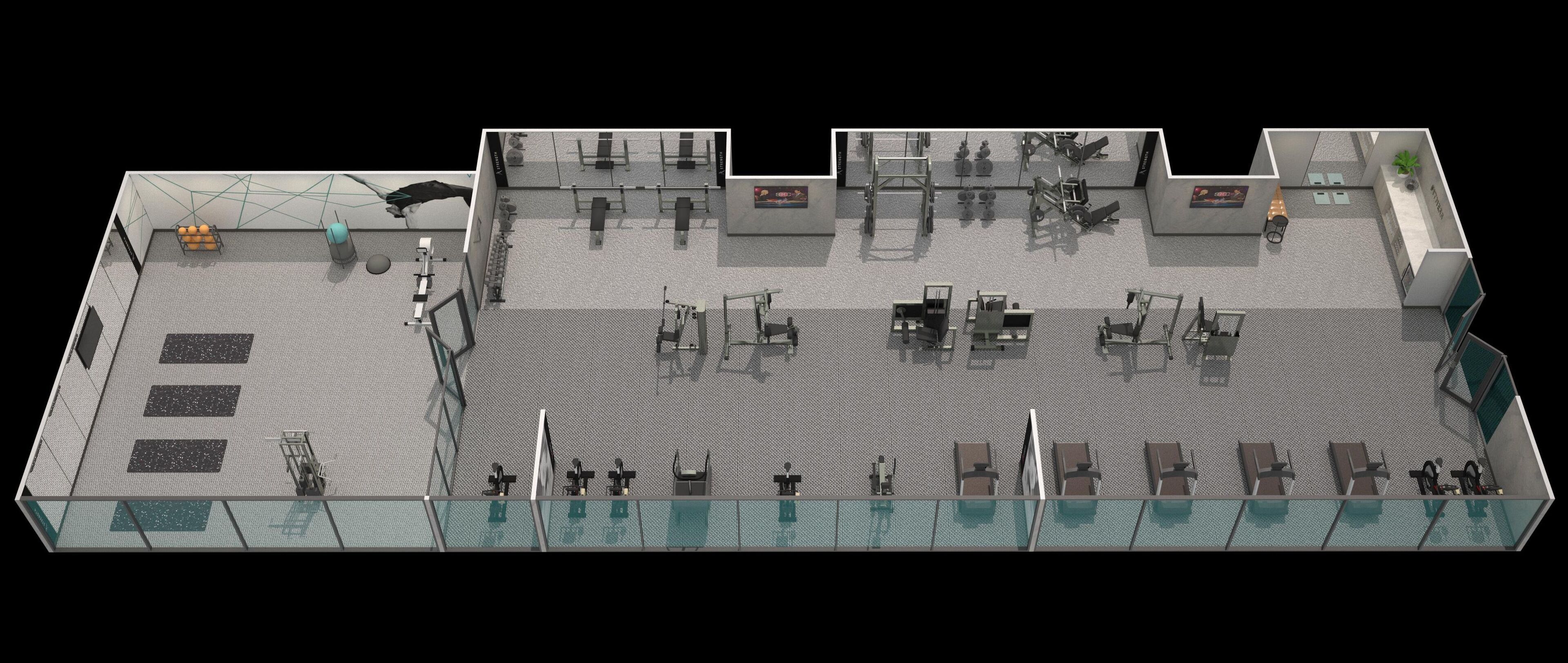 Un gimnasio espacioso con diversos equipos de ejercicio, una zona de descanso y una pantalla digital.