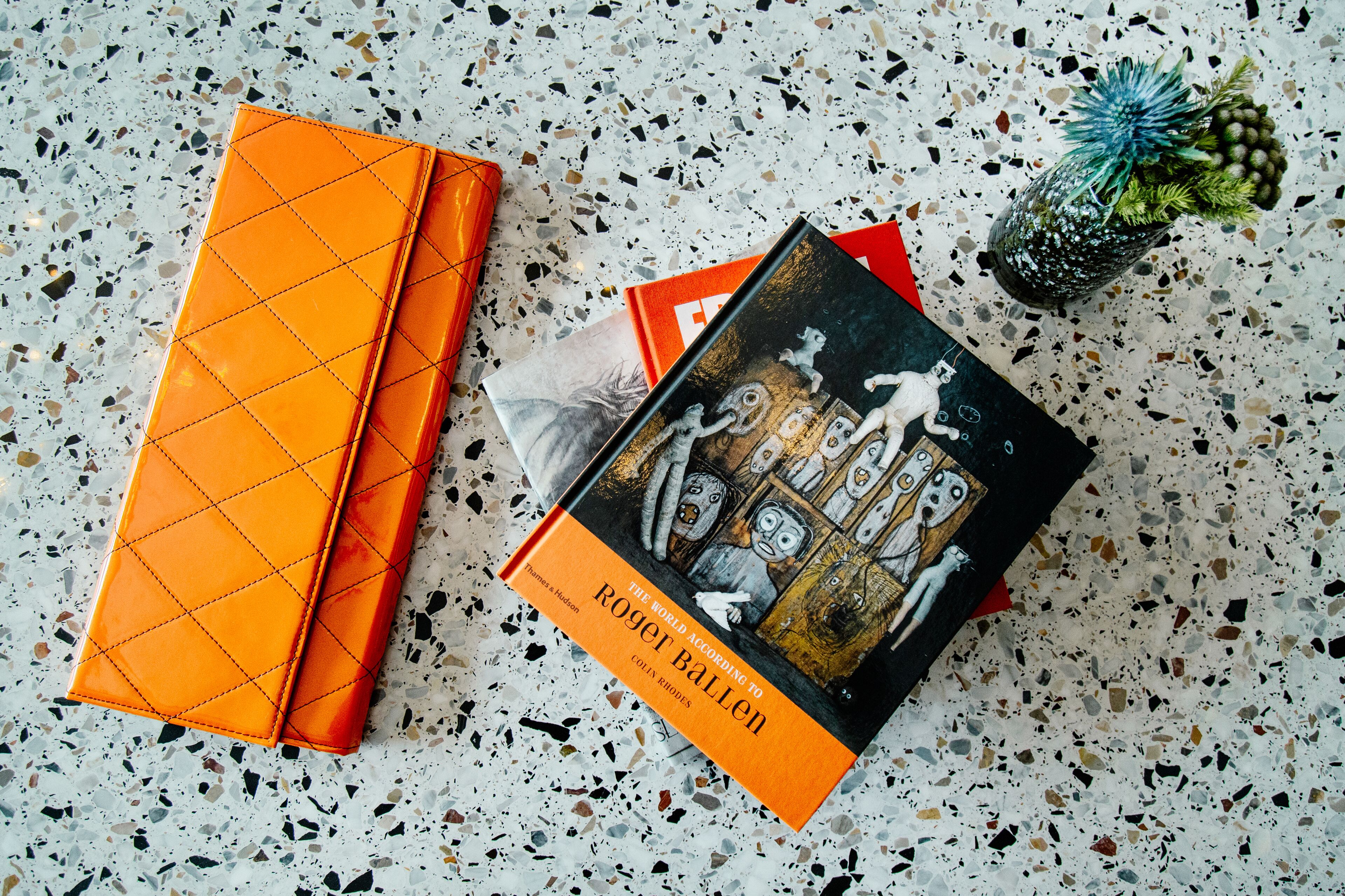 Een boek met de titel 'The World According to Roger Ballen' op een terrazzovloer.