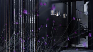 Fachada de edificio moderno con líneas verticales y una entrada de vidrio.