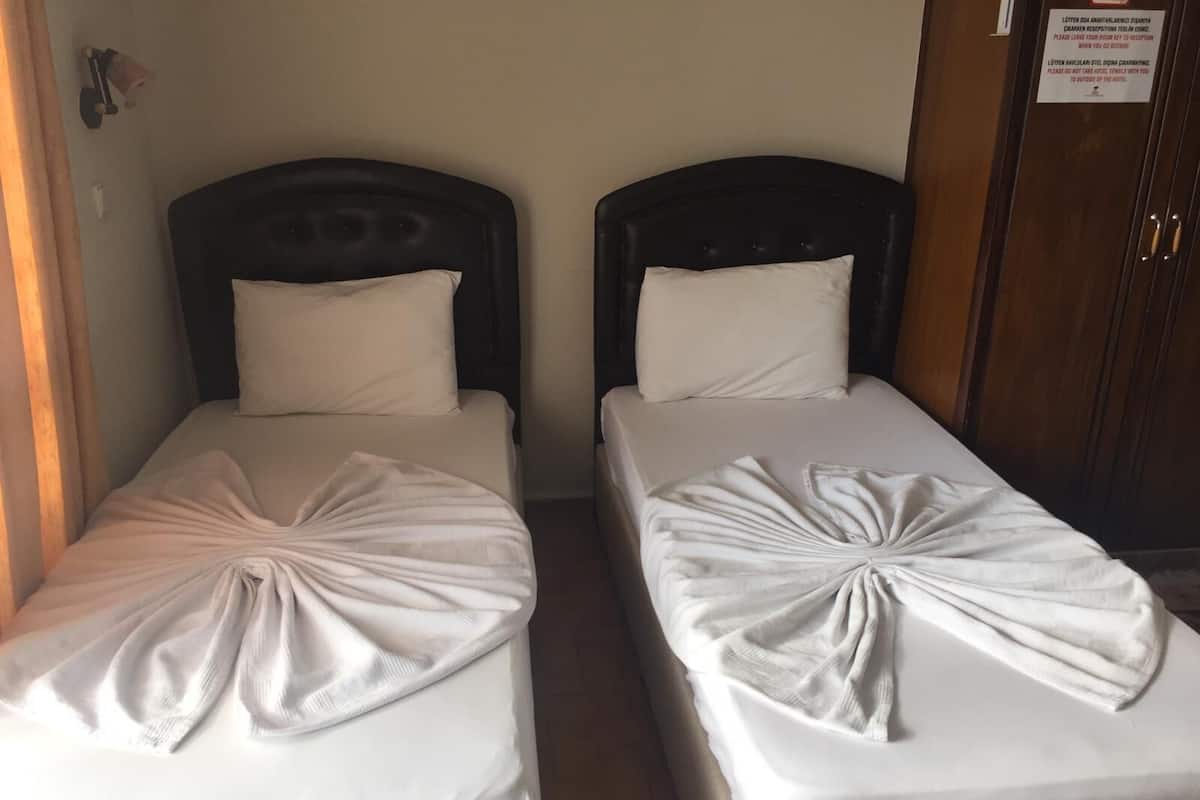 Two single beds with white linens and a decorative white cloth tied at the foot.