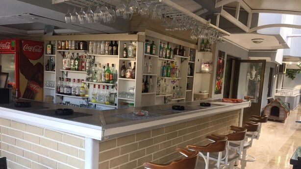 Un coin bar avec un comptoir en briques, de nombreuses étagères remplies de bouteilles d’alcool et un réfrigérateur Coca-Cola. On aperçoit plusieurs tabourets et une niche pour chien à l’arrière-plan.