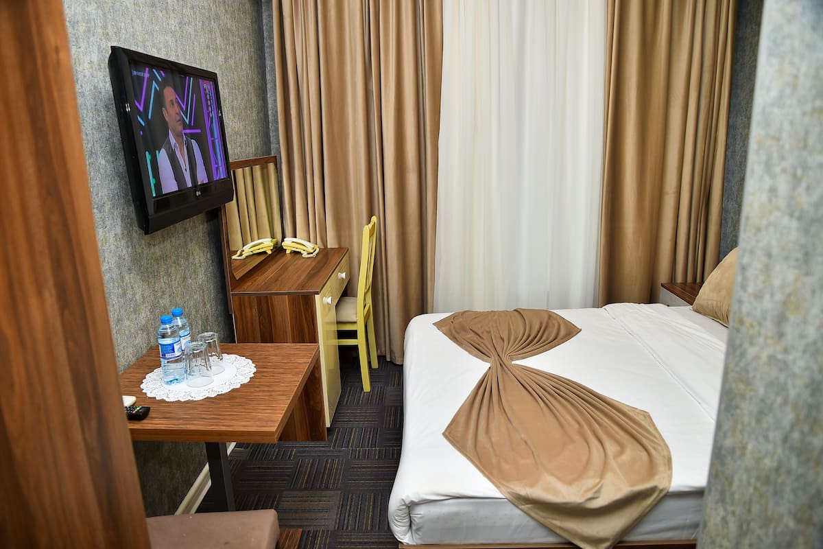 A hotel room with a bed, a desk, a chair, a television, and a telephone.