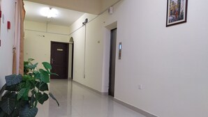 A hallway with a potted plant, a door labeled "Room Cleaning," and an elevator.