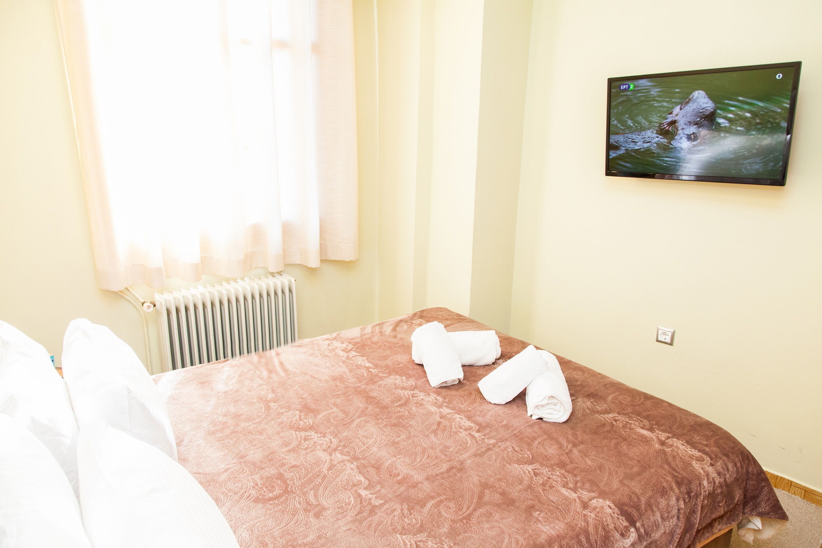 A hotel room with a bed, a television on the wall, and a window with curtains.
