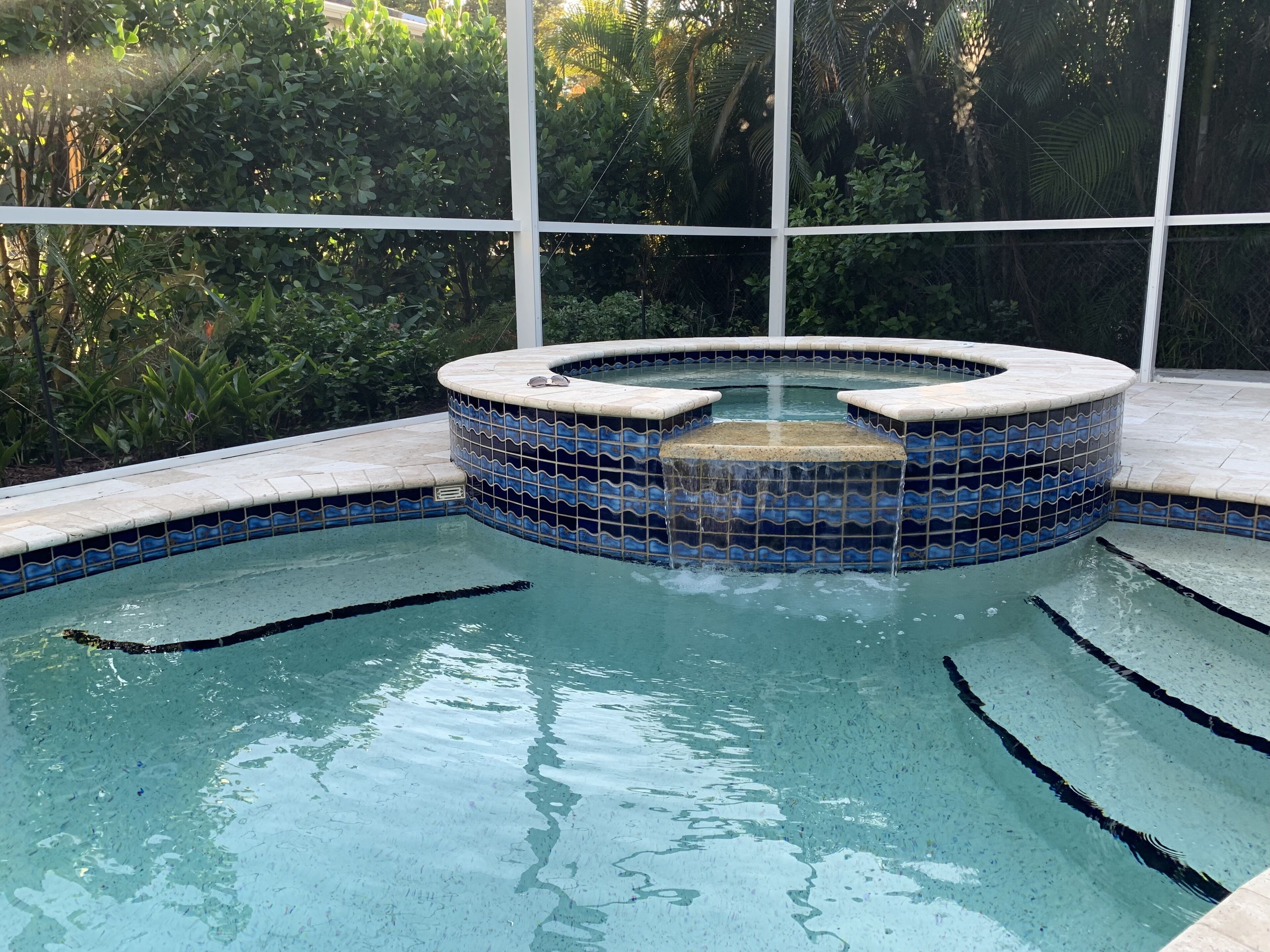 Piscina com área de banheira de hidromassagem revestida em azulejos, cercada por um compartimento de vidro e vegetação exuberante.
