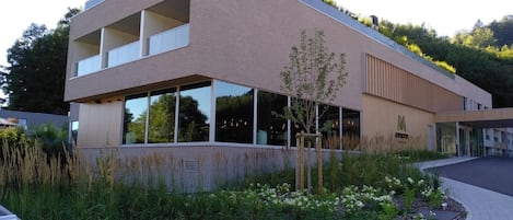 A modern building with a flat roof, large windows, and a landscaped garden with white flowers.