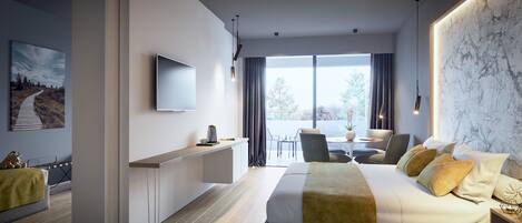 A modern hotel room with a large bed, a desk, a flat-screen TV, and a view of the outdoors.