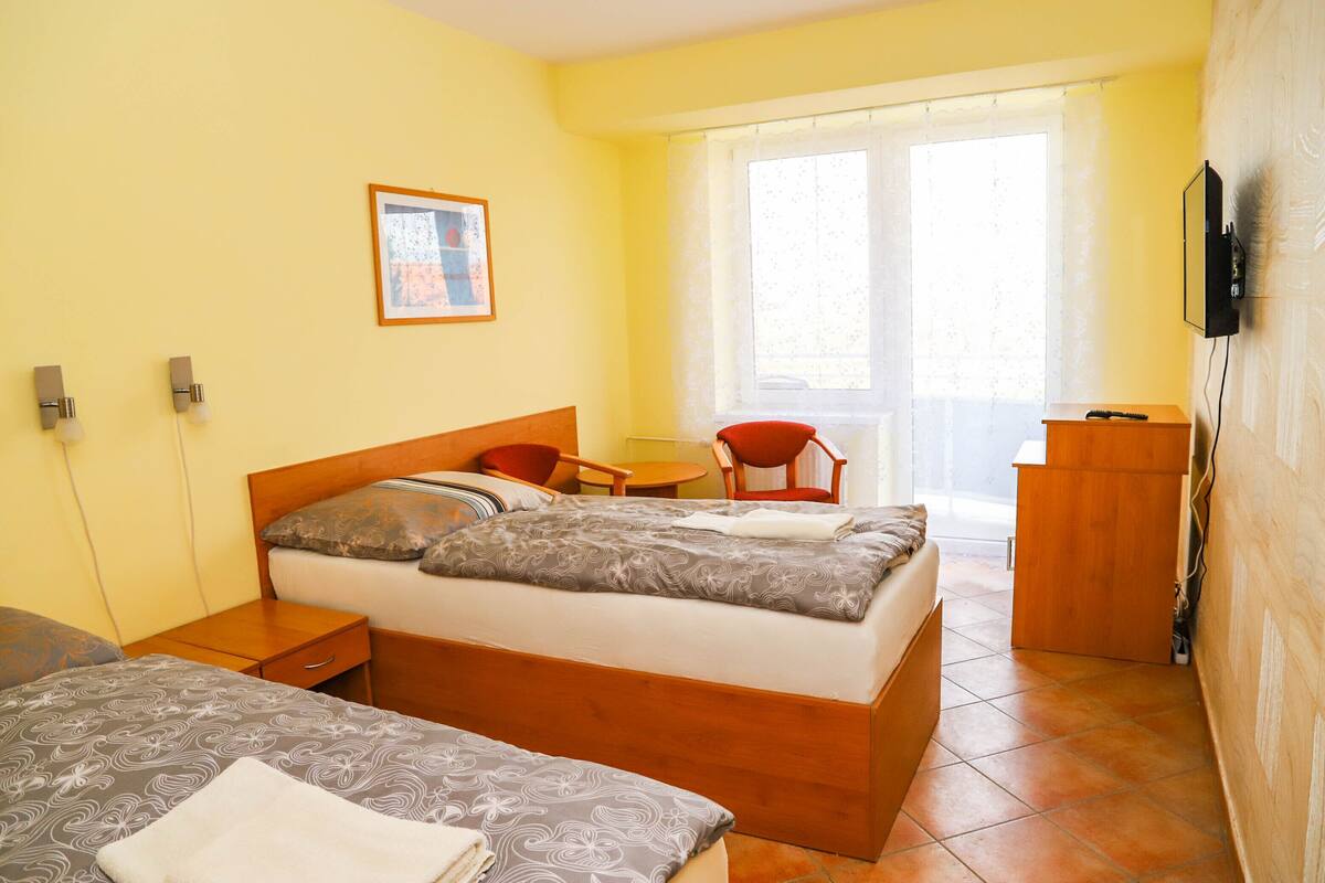 A hotel room with a large bed, a desk, a chair, and a TV.