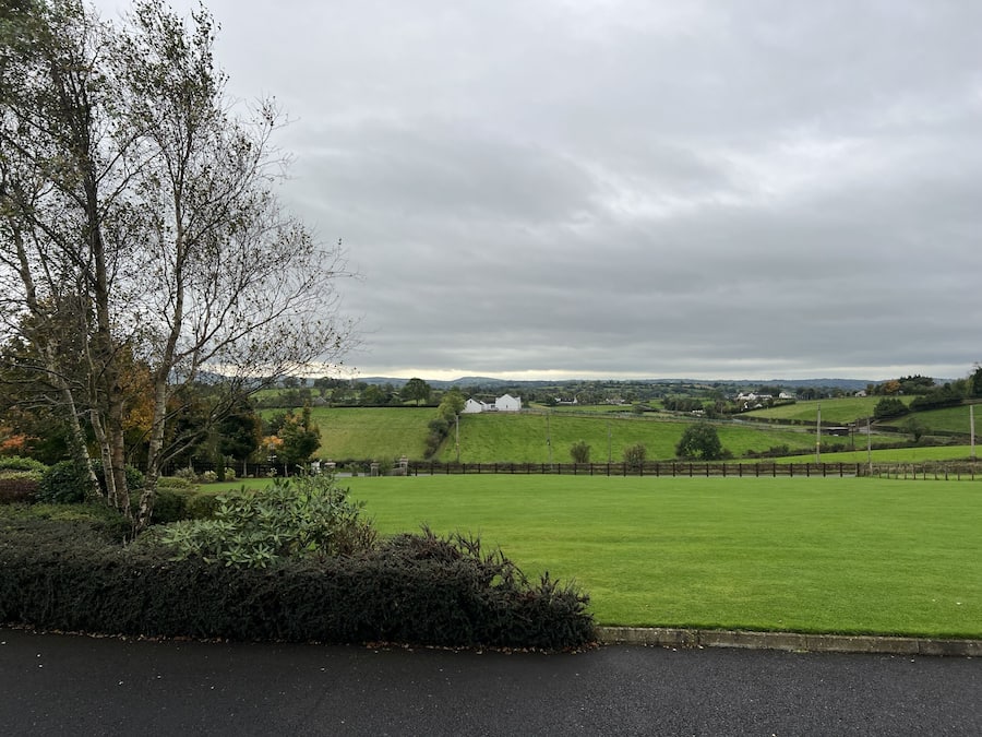 A rural landscape with a grassy field, a white building, and a tree.