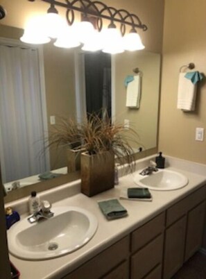 Combined shower/tub, hair dryer, towels, toilet paper
