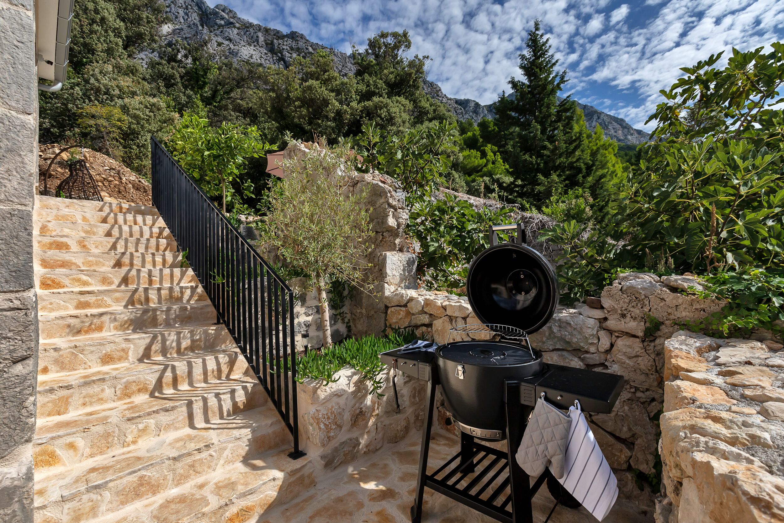 A stone staircase leading to a grill area with a mountainous backdrop.