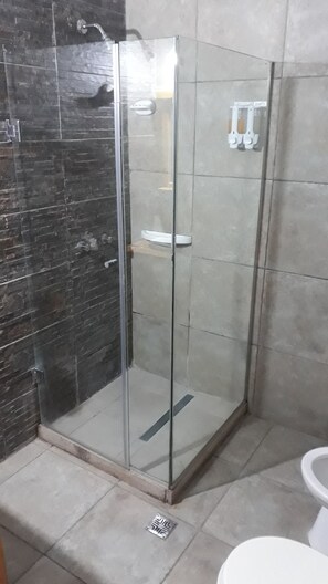 Een douche, een regendouche, een bidet, handdoeken