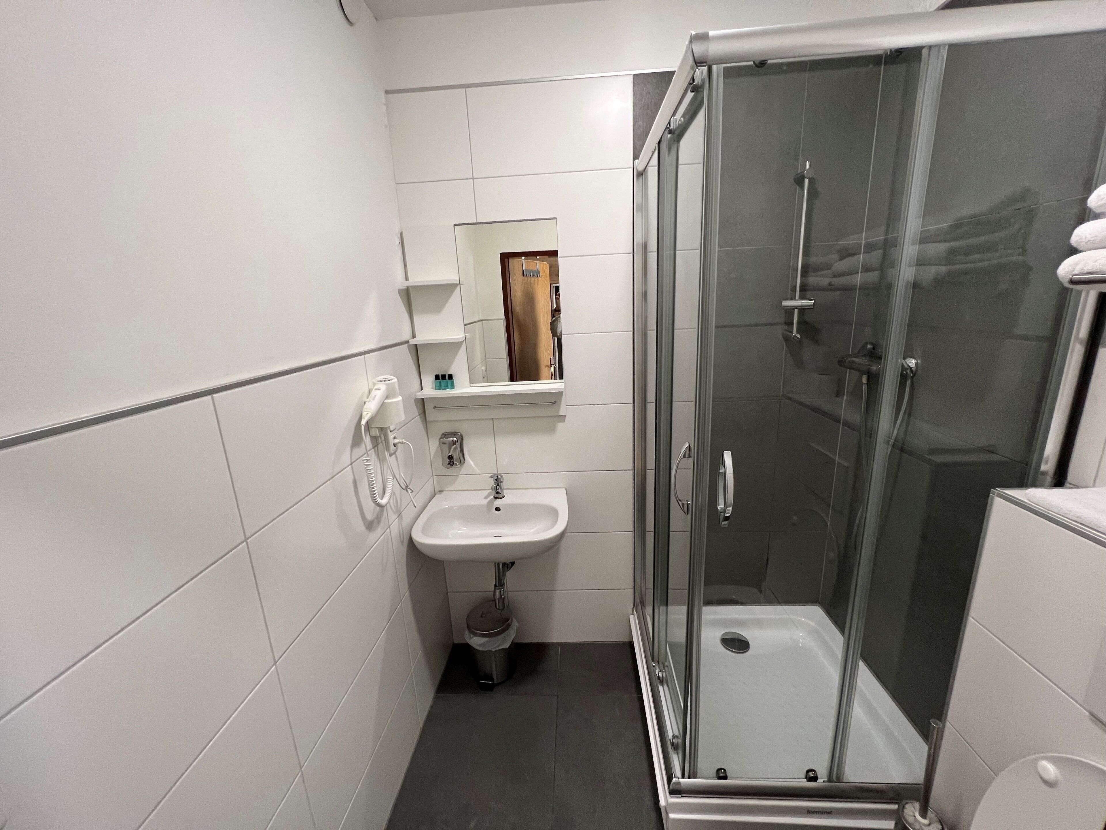 A modern bathroom with a glass-enclosed shower, a white sink, and a mirror above it.