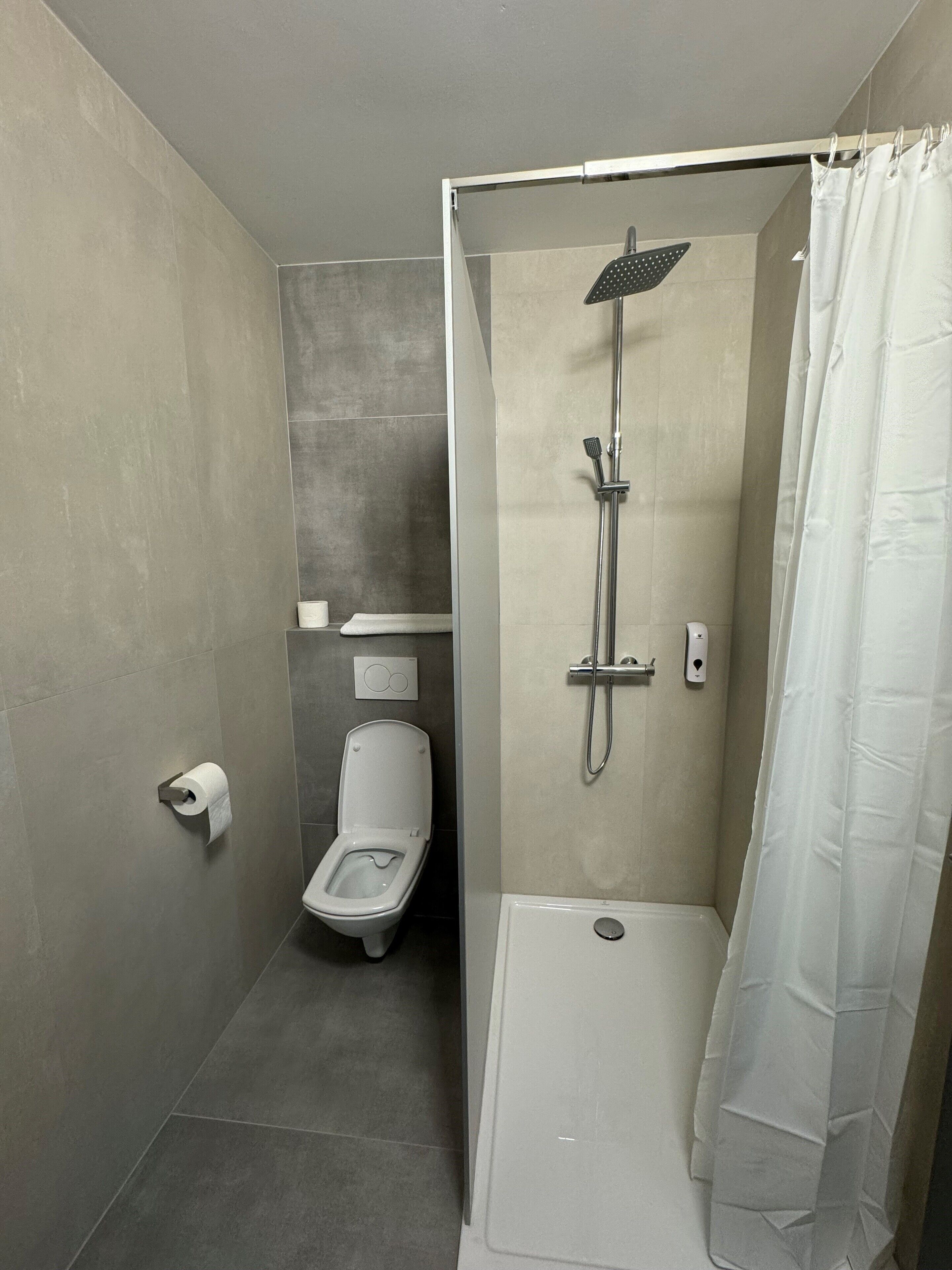 Un baño moderno con inodoro, ducha con cabezal de lluvia y cortina blanca.
