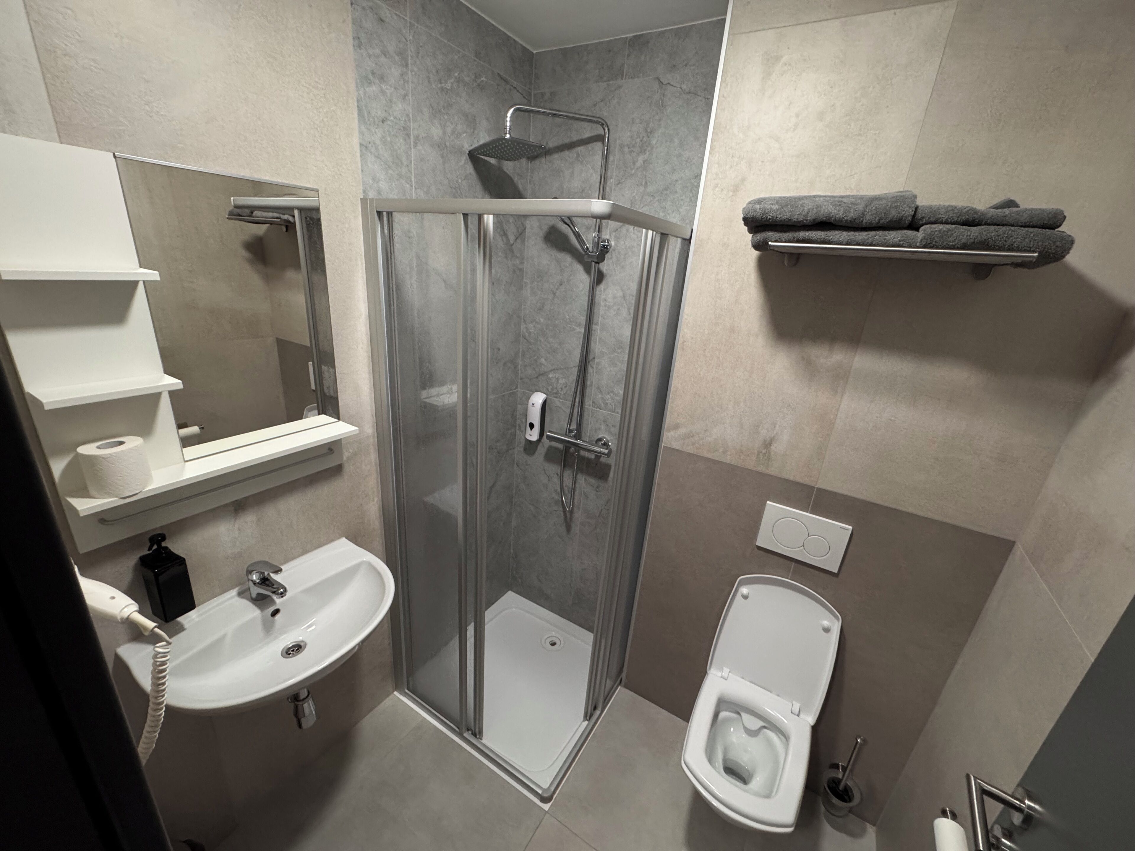 A modern bathroom with a glass-enclosed shower, a sink, a toilet, and a towel rack.