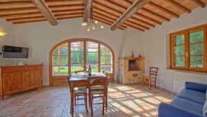 A spacious room with a stone fireplace, wooden ceiling beams, and a large arched window overlooking a garden. - Mulignone 1 - Apartment with pool (Molino D'elsa)