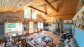 Smart TV, fireplace, DVD player, books