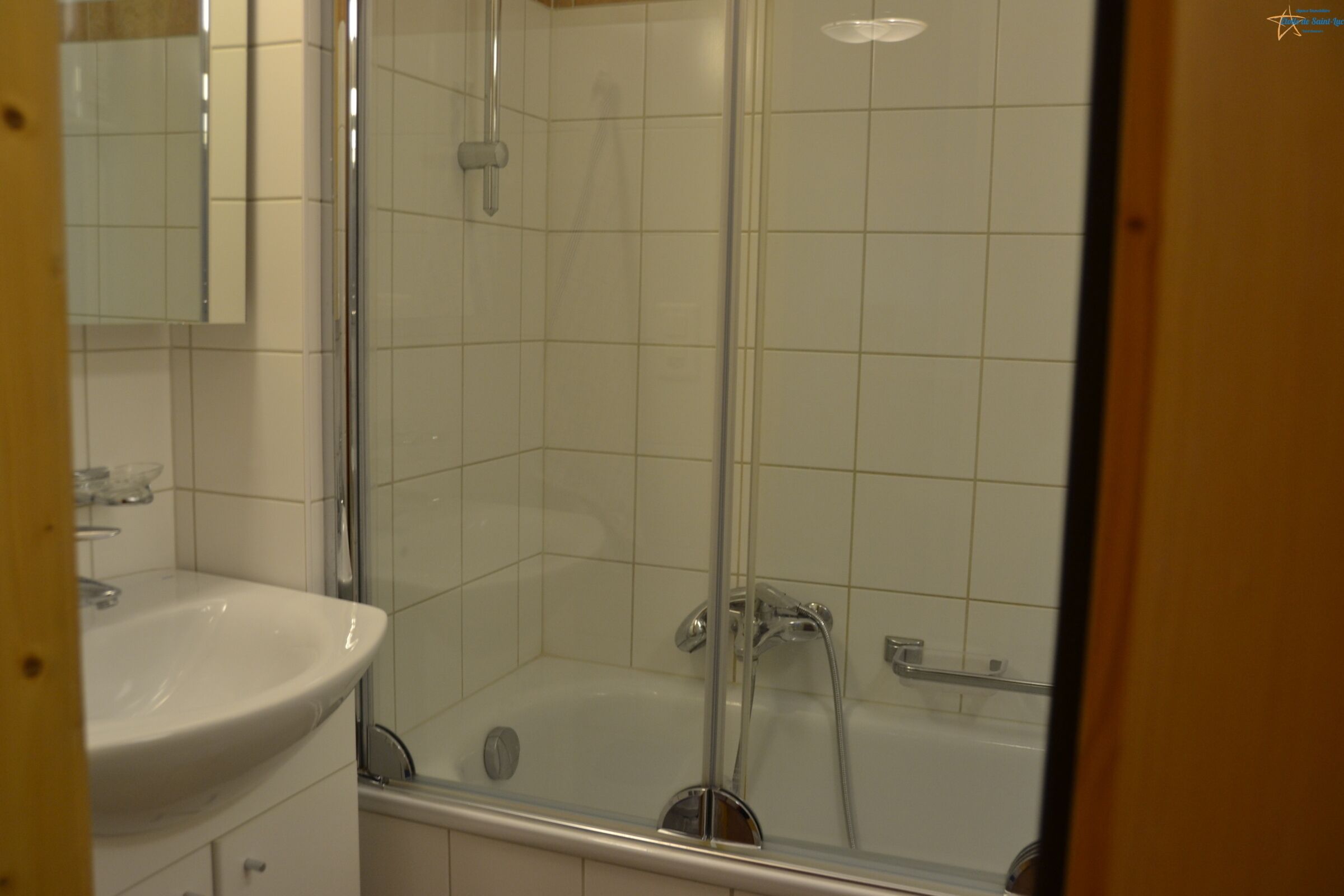 Un bagno con doccia vetro-muraria, un lavandino e uno specchio.