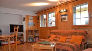 A cozy room with a wooden sofa, a television, a bookshelf, and a window with curtains. - Outside : flat for 6 persons ground floor, 40sqm south-facing balcony -Inside : about 77 sqm, open k (St-Luc)