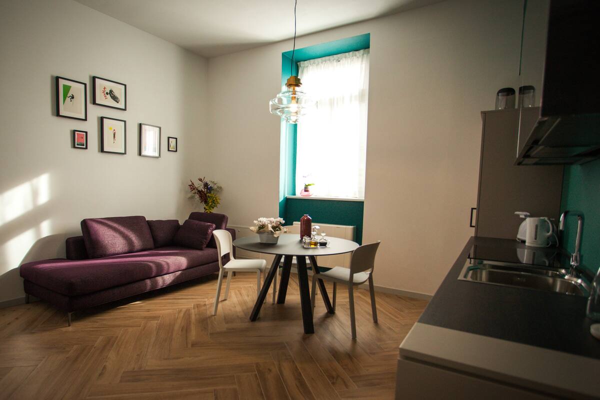 Een moderne woonkamer met een bank, eettafel, stoelen en een keukenhoek met een spoelbak en fornuis.