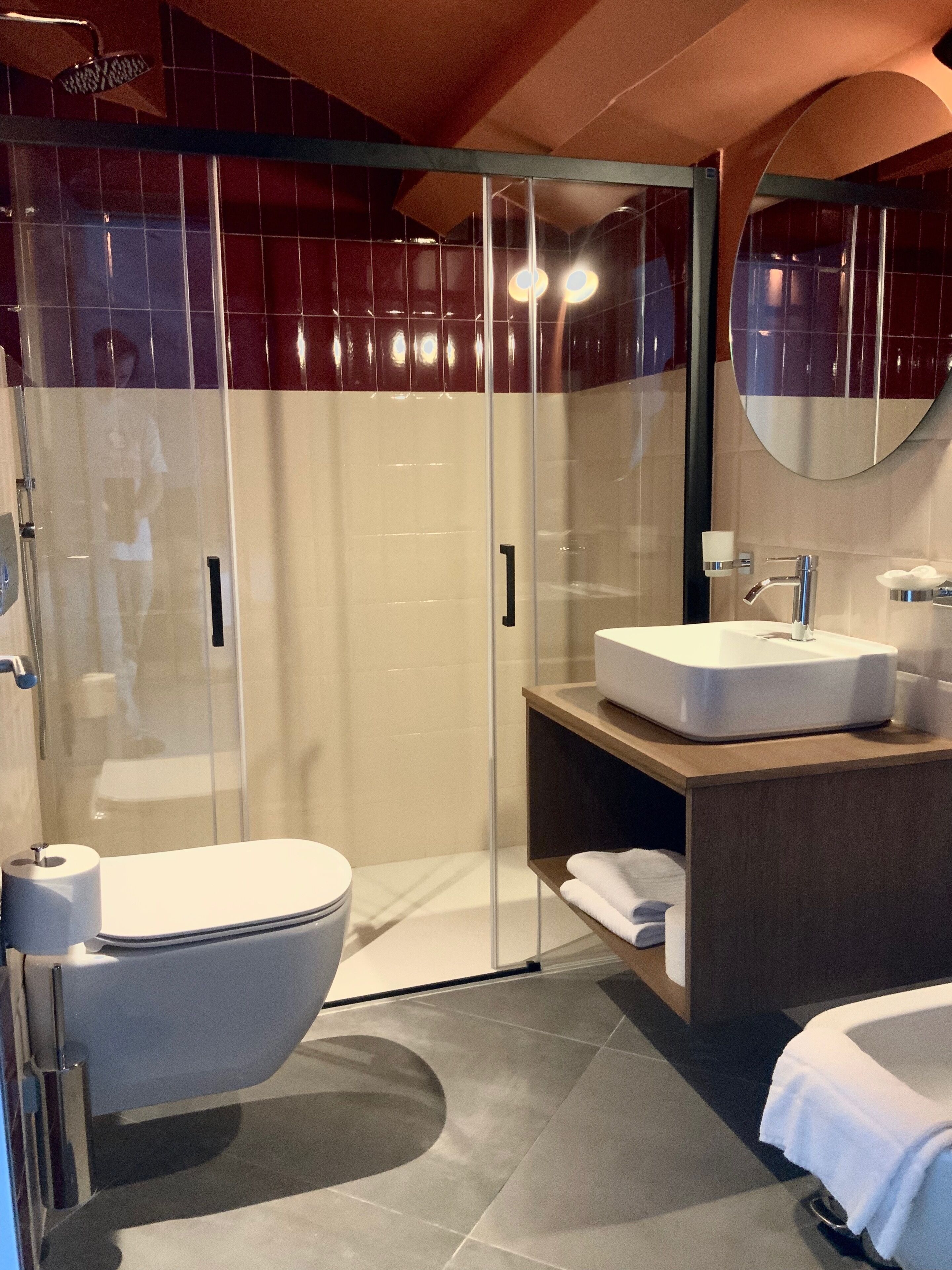 A modern bathroom with a glass-enclosed shower, a white sink, and a toilet.
