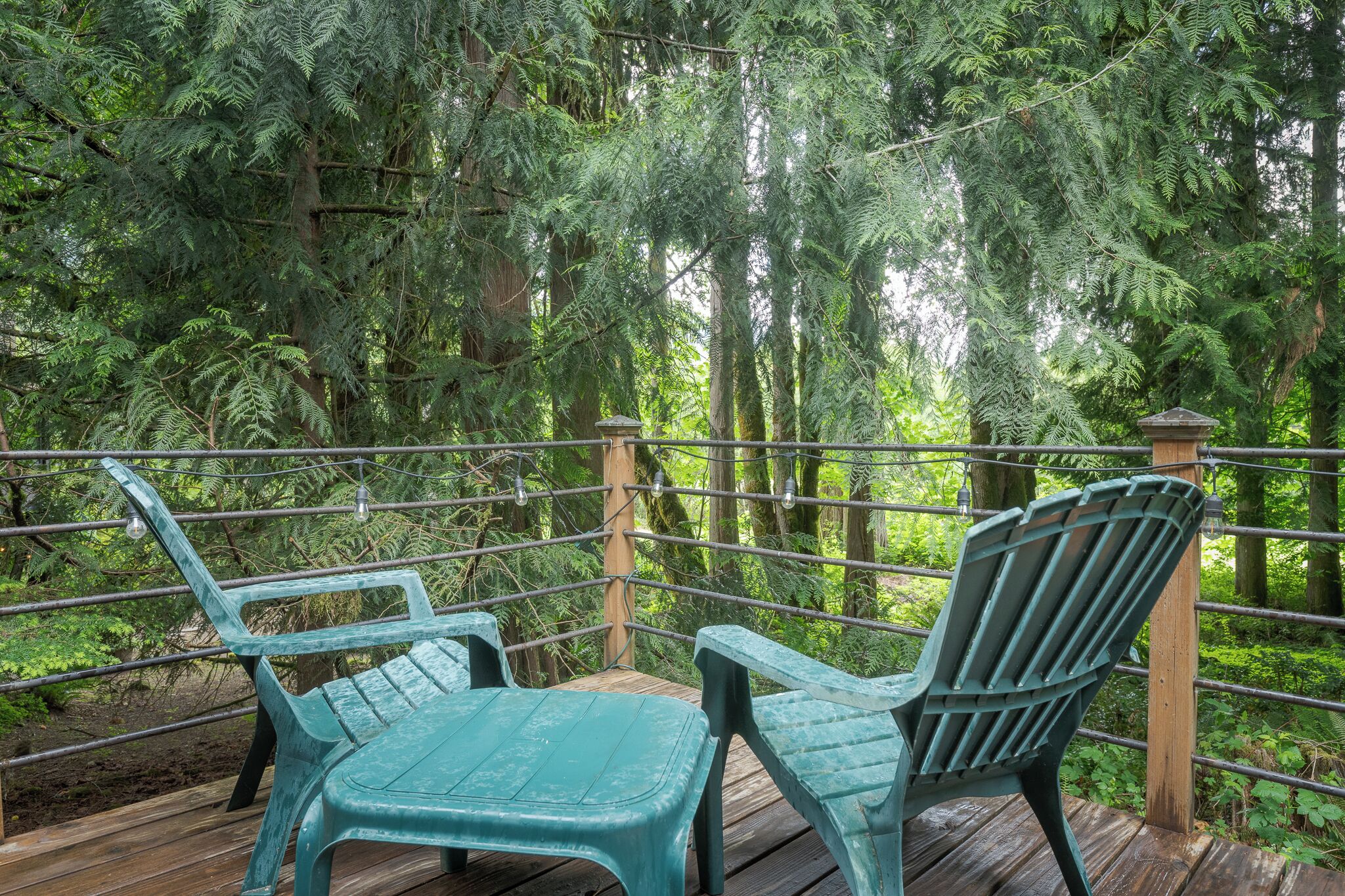 A wooden deck with two green chairs and a table, surrounded by a metal railing with a view of dense green foliage.