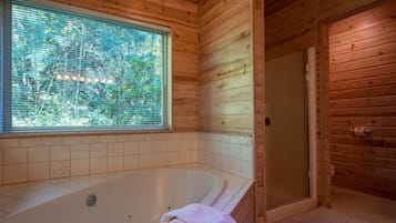 Shower, jetted tub, hair dryer, towels