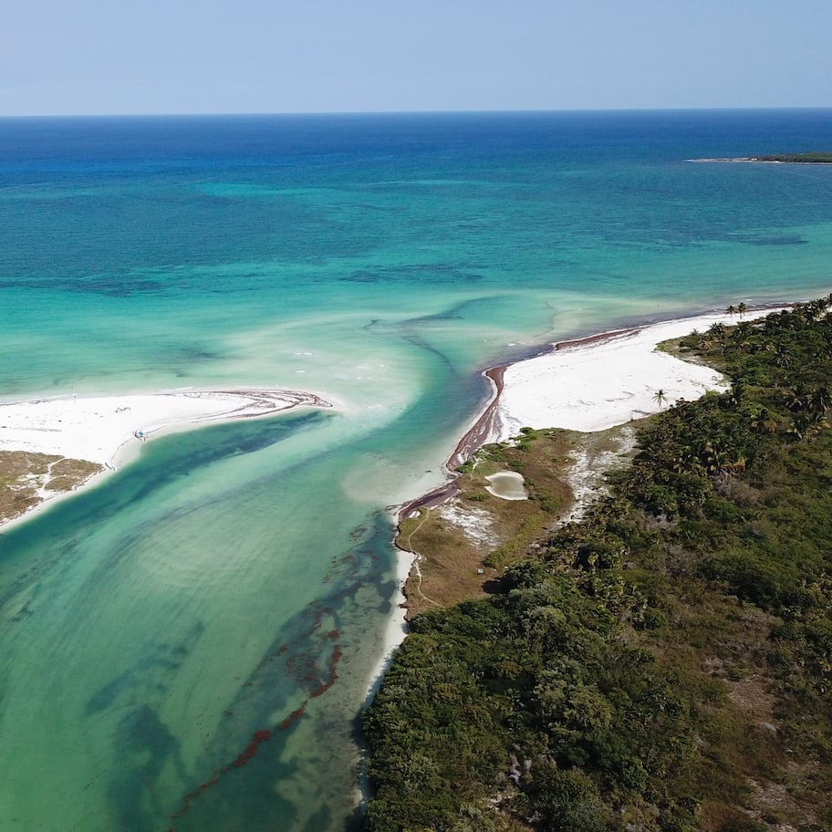An aerial view of a coastal area with a narrow, winding waterway leading to a sandy beach surrounded by dense vegetation.