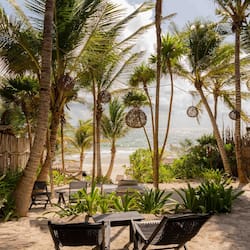 On the beach, sun loungers, beach towels