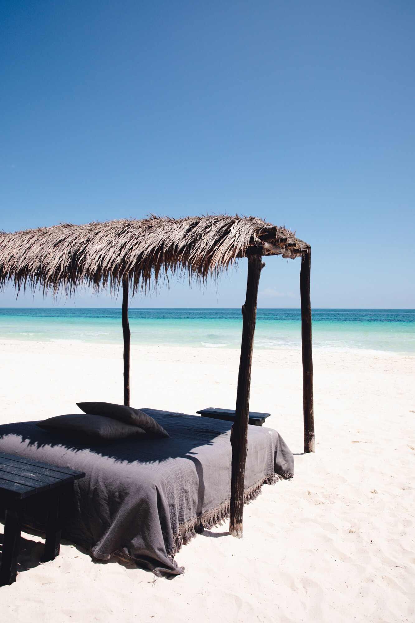 On the beach, sun loungers, beach towels