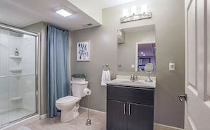Combined shower/tub, hair dryer, towels, soap